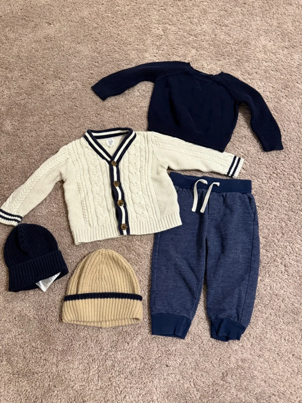 Baby GAP bundle set 2 sweater 2 hat 1 pants navy blue & cream nautical coastal